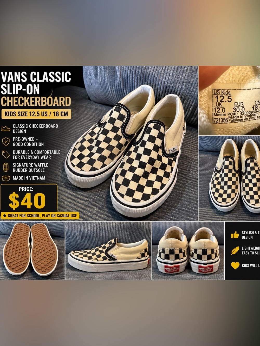 Vans Kids Slip-On Checkerboard Sneakers - Black & White